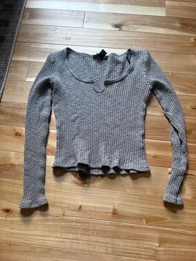 Forever 21 Ribbed Scoop Neck Long Sleeve Top - Gray